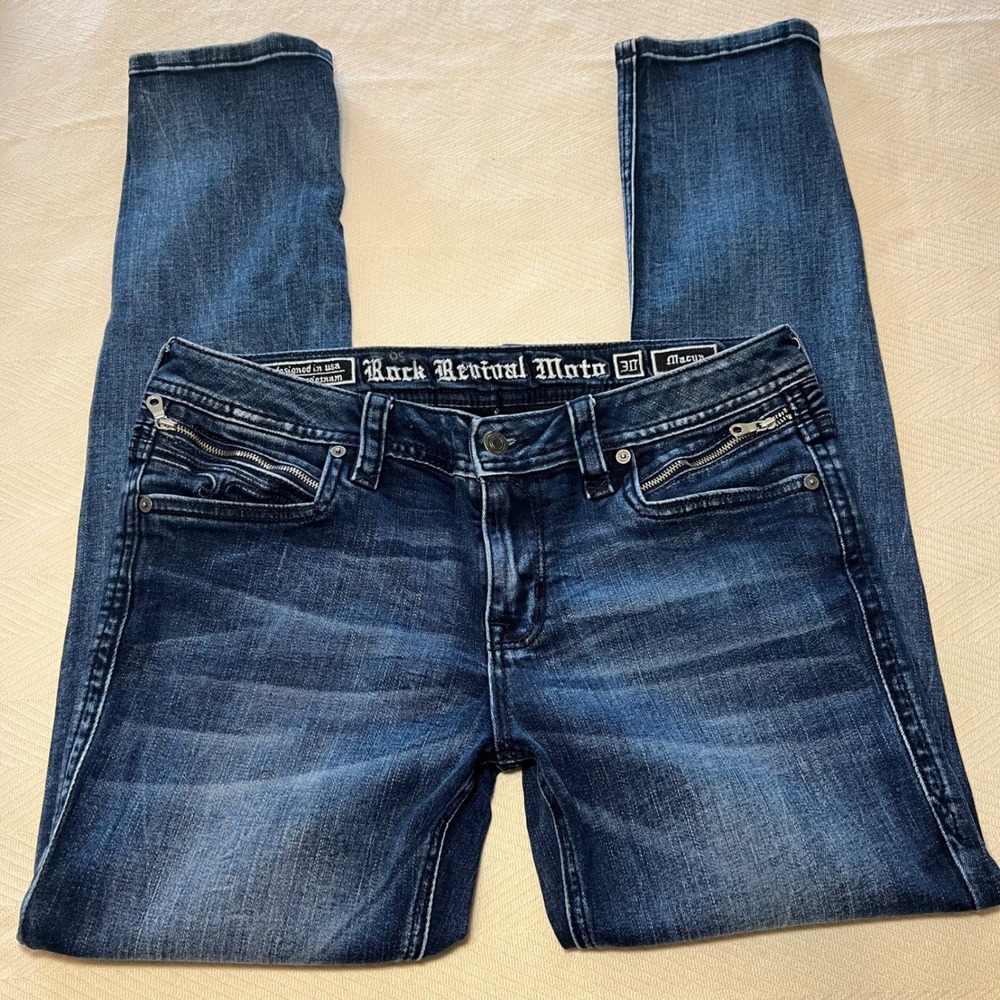 Rock Revival Moto Macyn Skinny Jeans Dark Wash Zipper Detail Size 30